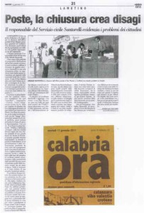 Articolo Calabria Ora CHIUSURA UFFICIO POSTALE SAN MAZZEO_11.01.2011_